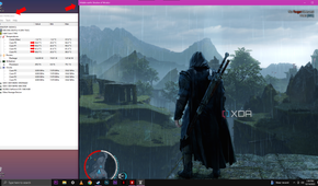 An in-game screenshot of "Middle-earth: Shadow of Mordor" in the background, with the HWMonitor application in the foreground showing elevated CPU temperatures and other system stats.