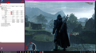 An in-game screenshot of "Middle-earth: Shadow of Mordor" in the background, with the HWMonitor application in the foreground showing elevated CPU temperatures and other system stats.