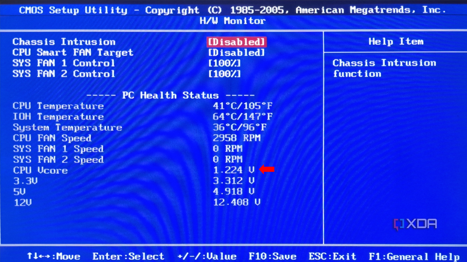 A BIOS setup utility screen showing the PC health status and various system voltages, with a red arrow pointing to the CPU Vcore voltage.