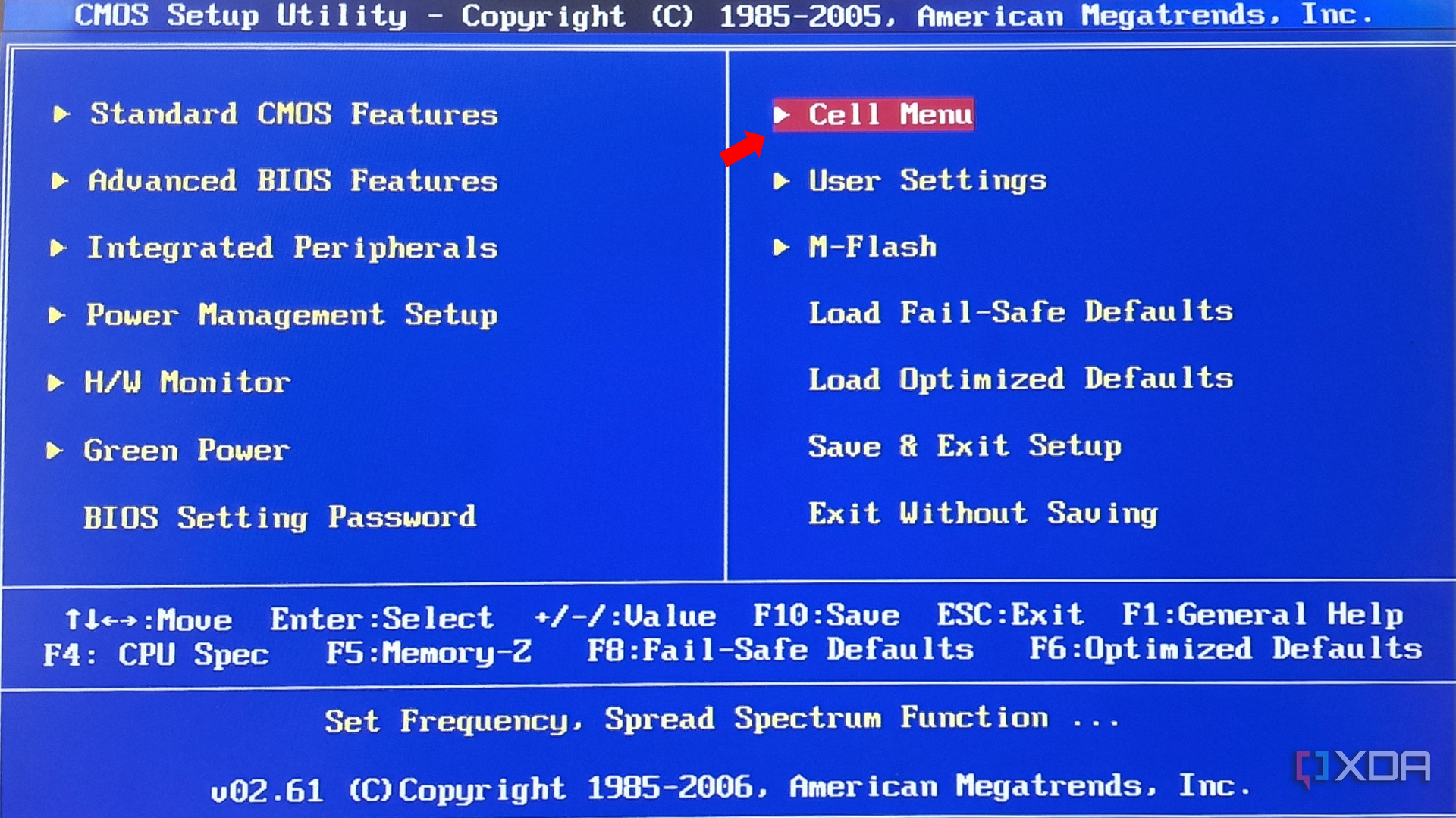 A BIOS menu screen with various settings options including Standard CMOS Features, Advanced BIOS Features, and a red arrow pointing to 'Cell Menu'.