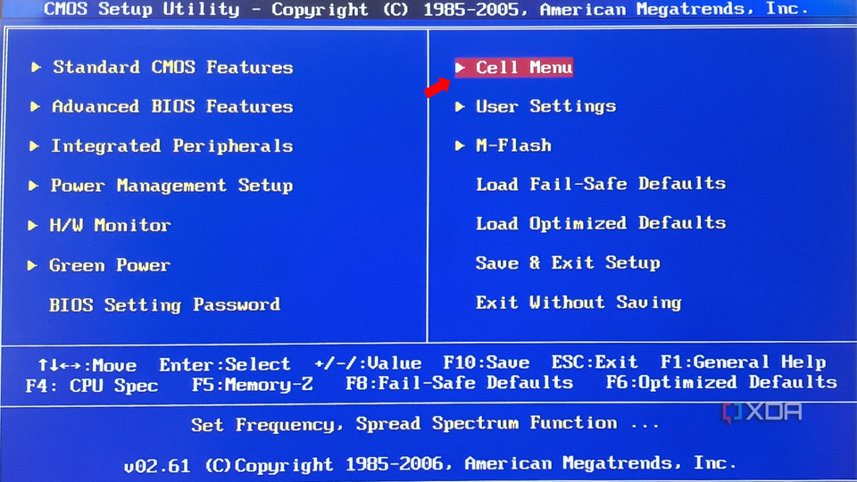 A BIOS menu screen with various settings options including Standard CMOS Features, Advanced BIOS Features, and a red arrow pointing to 'Cell Menu'.