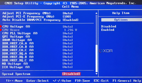 The 'Cell Menu' within a BIOS setup showing options for CPU voltage adjustments, highlighted by a red arrow pointing at the CPU Voltage setting.
