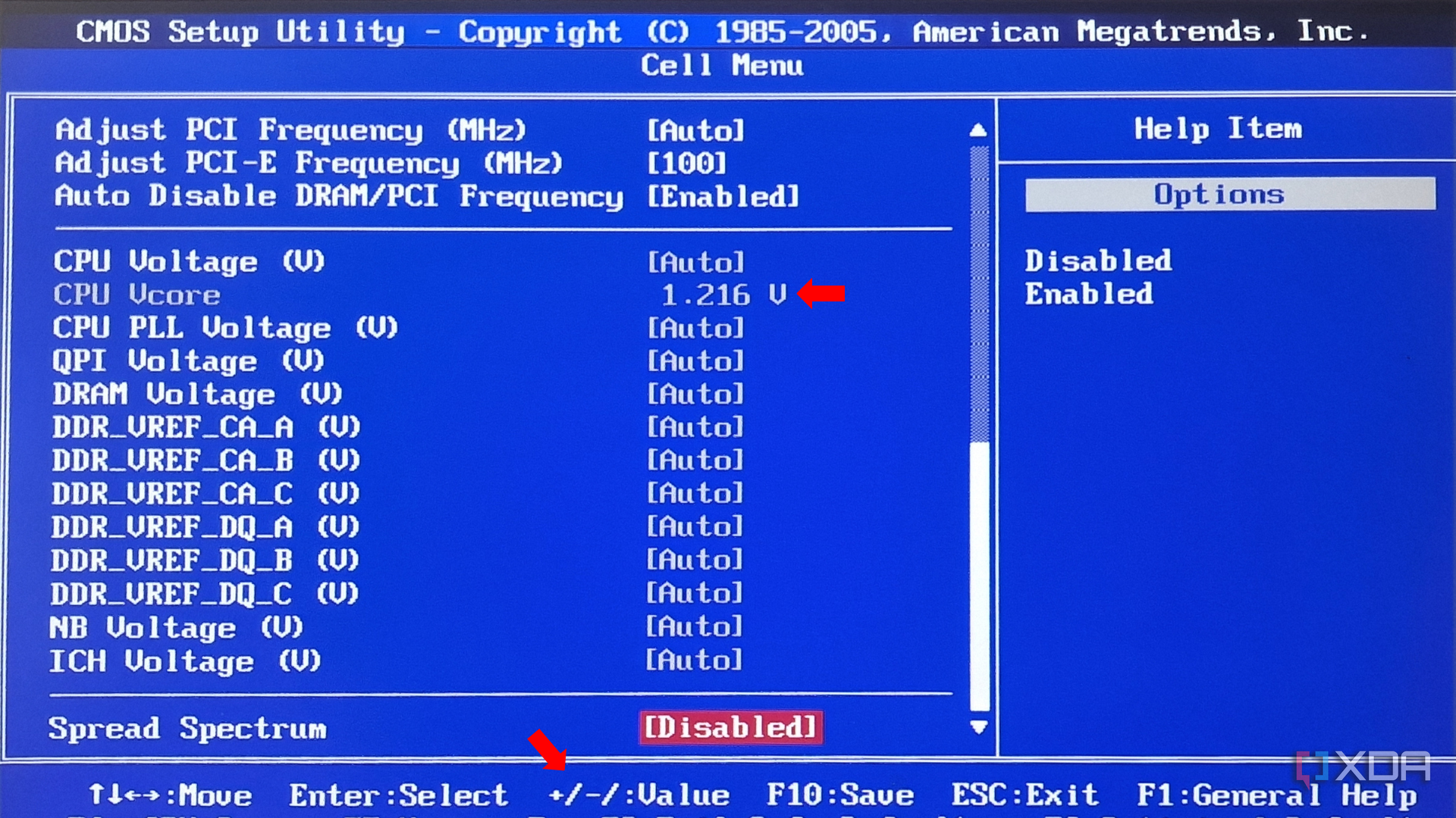The 'Cell Menu' in BIOS with a red arrow highlighting the CPU Vcore voltage setting.