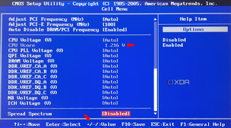 The 'Cell Menu' in BIOS with a red arrow highlighting the CPU Vcore voltage setting.