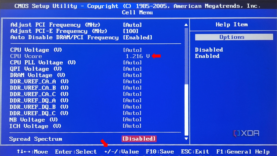 The 'Cell Menu' in BIOS with a red arrow highlighting the CPU Vcore voltage setting.