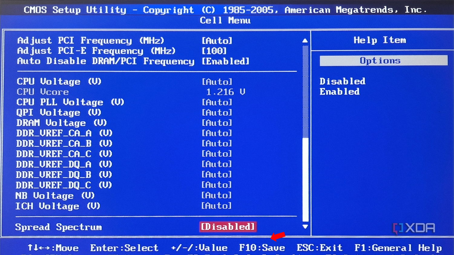 The 'Cell Menu' within the BIOS setup, with the 'Save and exit' option highlighted by a red arrow at the bottom of the screen.