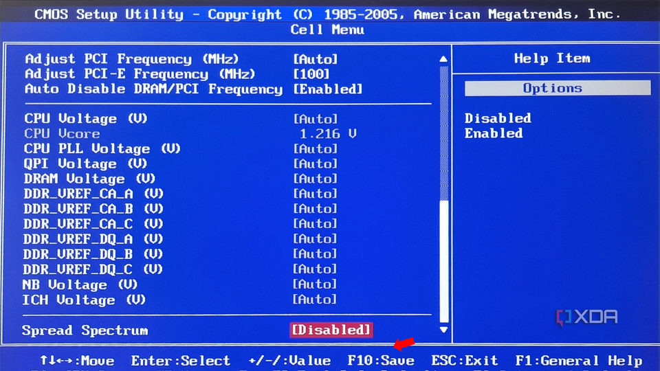 The 'Cell Menu' within the BIOS setup, with the 'Save and exit' option highlighted by a red arrow at the bottom of the screen.