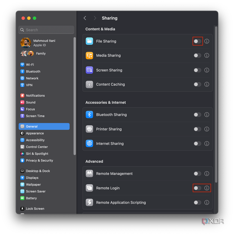 enabling the file sharing and remote login toggles in sharing settings on macOS 