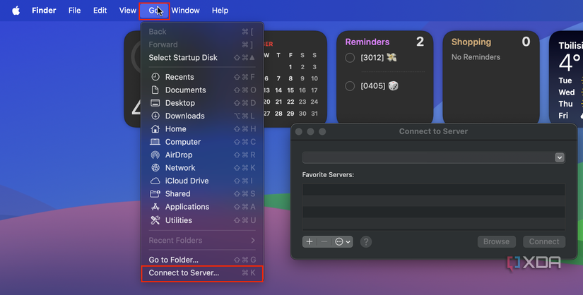 Clicking on Go then connect to server in menu bar of finder app on macOS