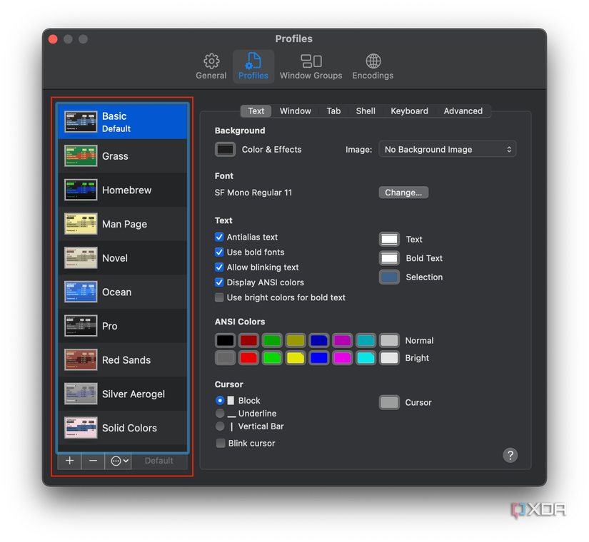 list of profiles in the sidebar of terminal settings