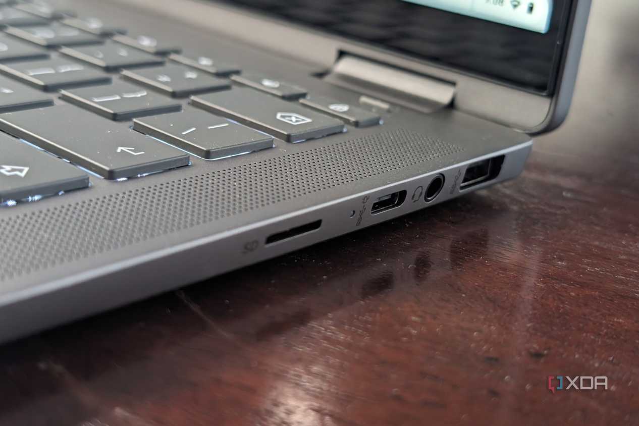 A photo of the microSD poet, the USB-C port, the headphone jack, and USB-A port on the HP Chromebook Plus x360 Laptop 14ct
