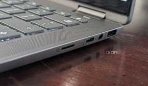 A photo of the microSD poet, the USB-C port, the headphone jack, and USB-A port on the HP Chromebook Plus x360 Laptop 14ct