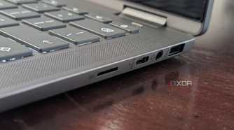 A photo of the microSD poet, the USB-C port, the headphone jack, and USB-A port on the HP Chromebook Plus x360 Laptop 14ct