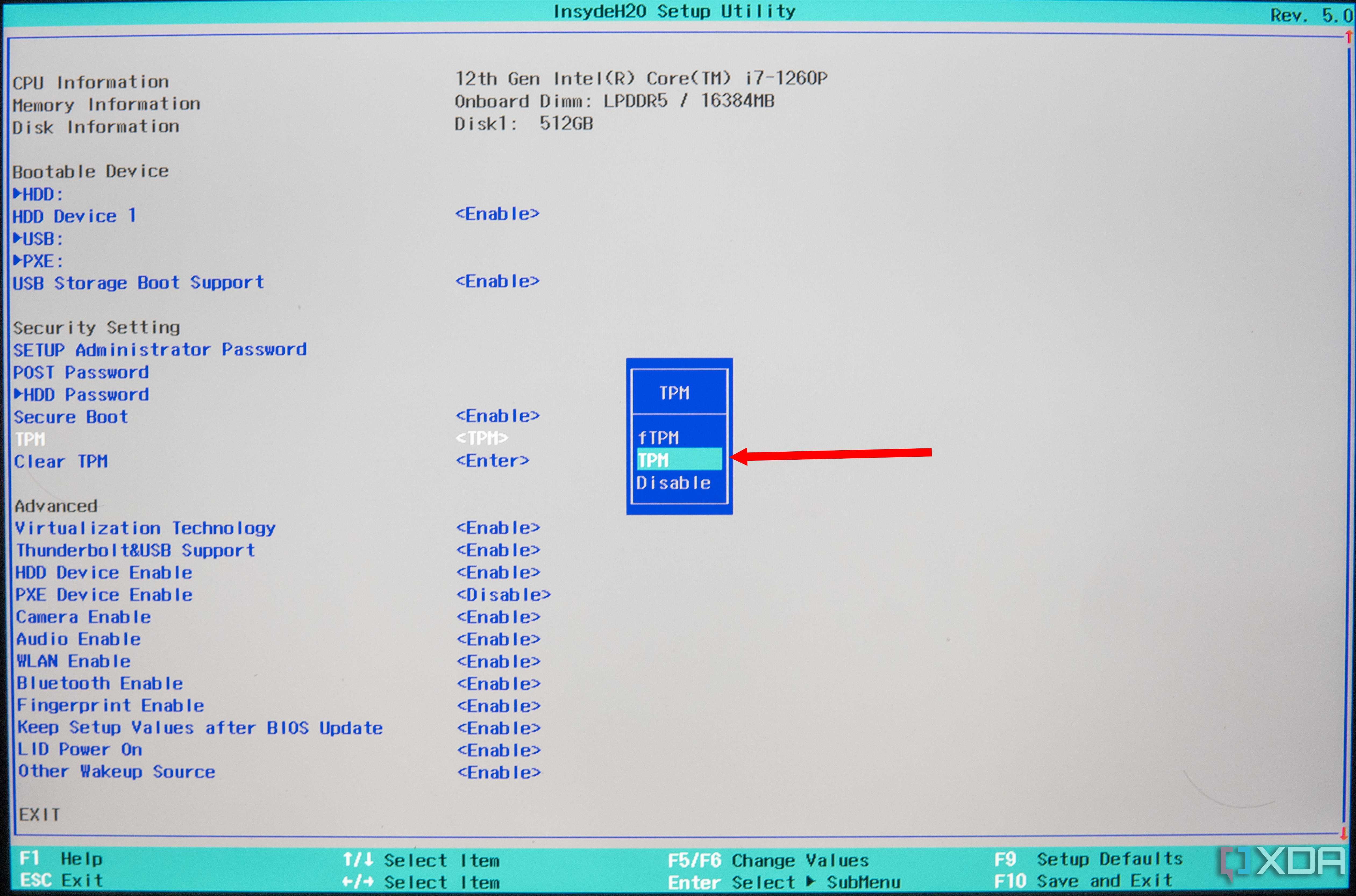 Screenshot of a HUawei BIOS showing TPM is enabled