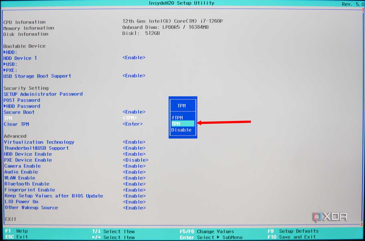 Screenshot of a HUawei BIOS showing TPM is enabled
