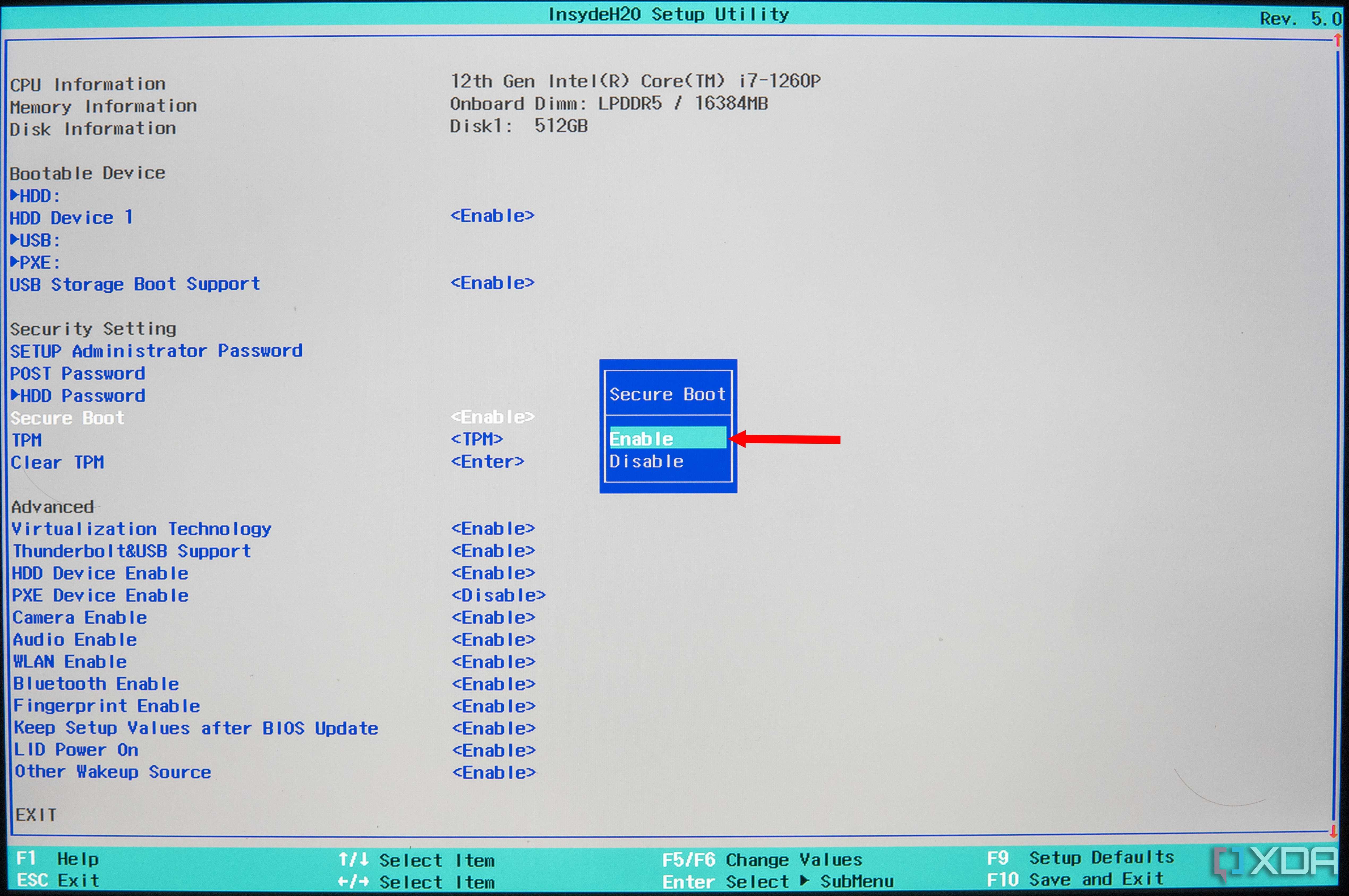 Screenshot of a Huawei BIOS showing the Secure Boot option enabled