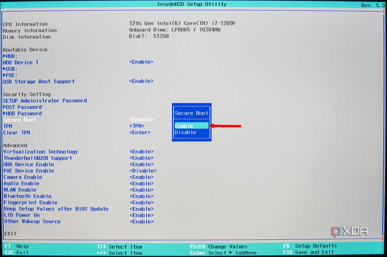 Screenshot of a Huawei BIOS showing the Secure Boot option enabled