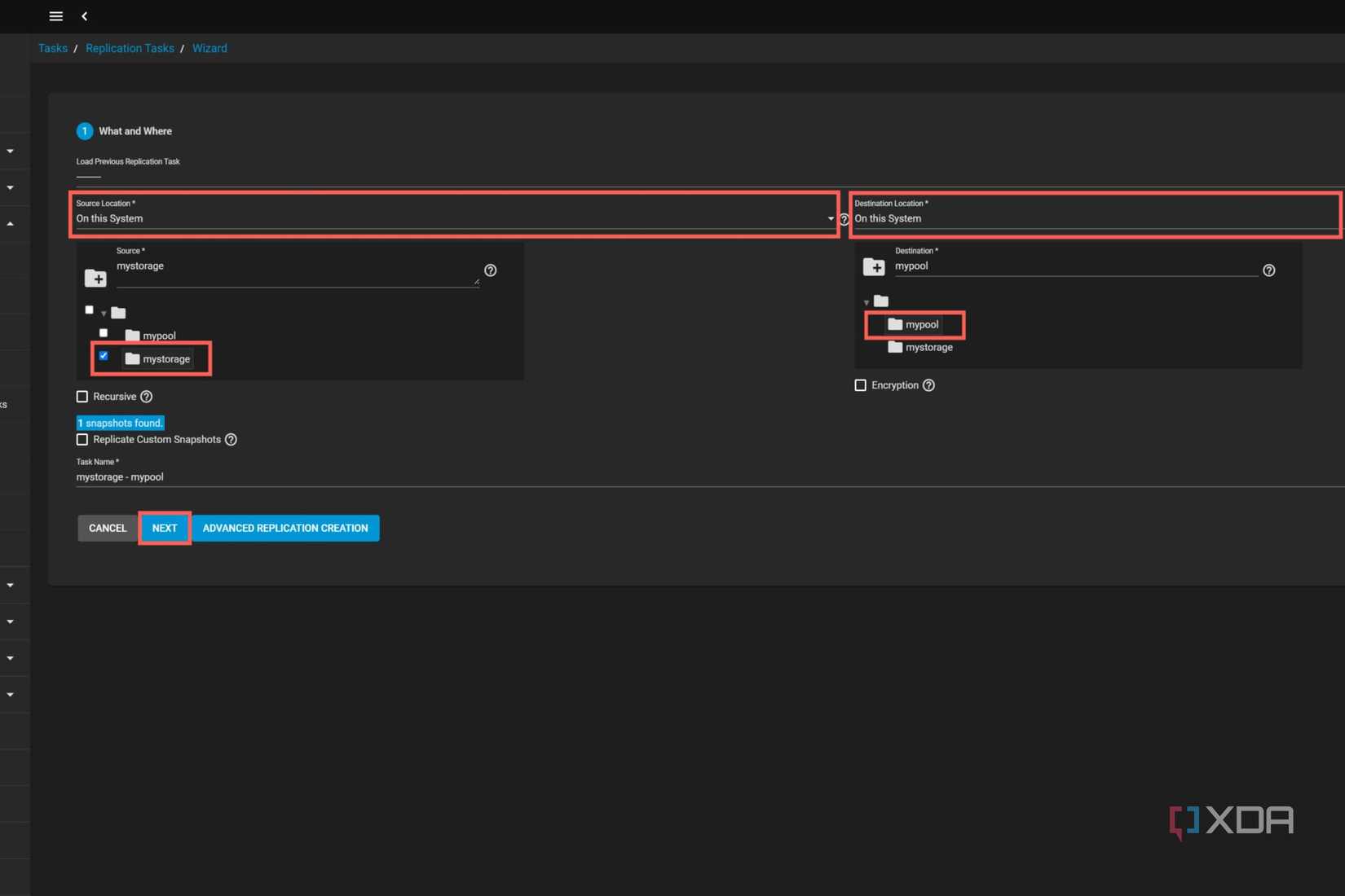 A screenshot of TrueNAS Core with the source and destination location highlighted