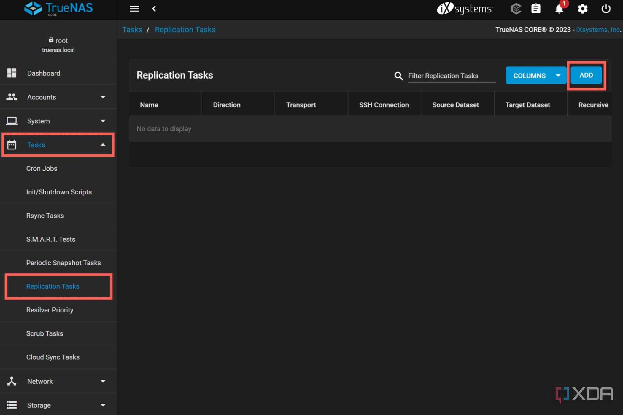 A screenshot of TrueNAS Core with the Replication Tasks highlighted