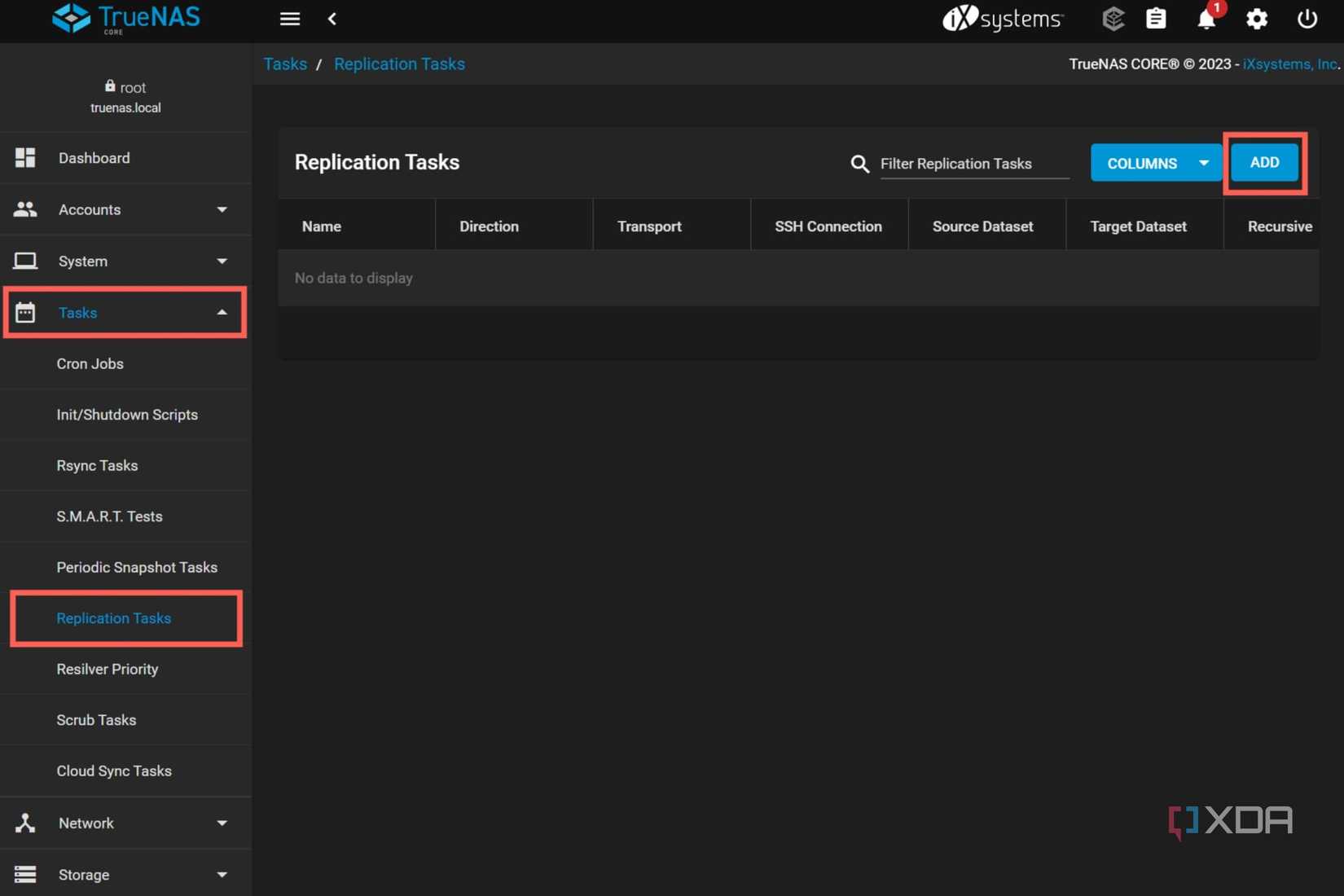 A screenshot of TrueNAS Core with the Replication Tasks highlighted