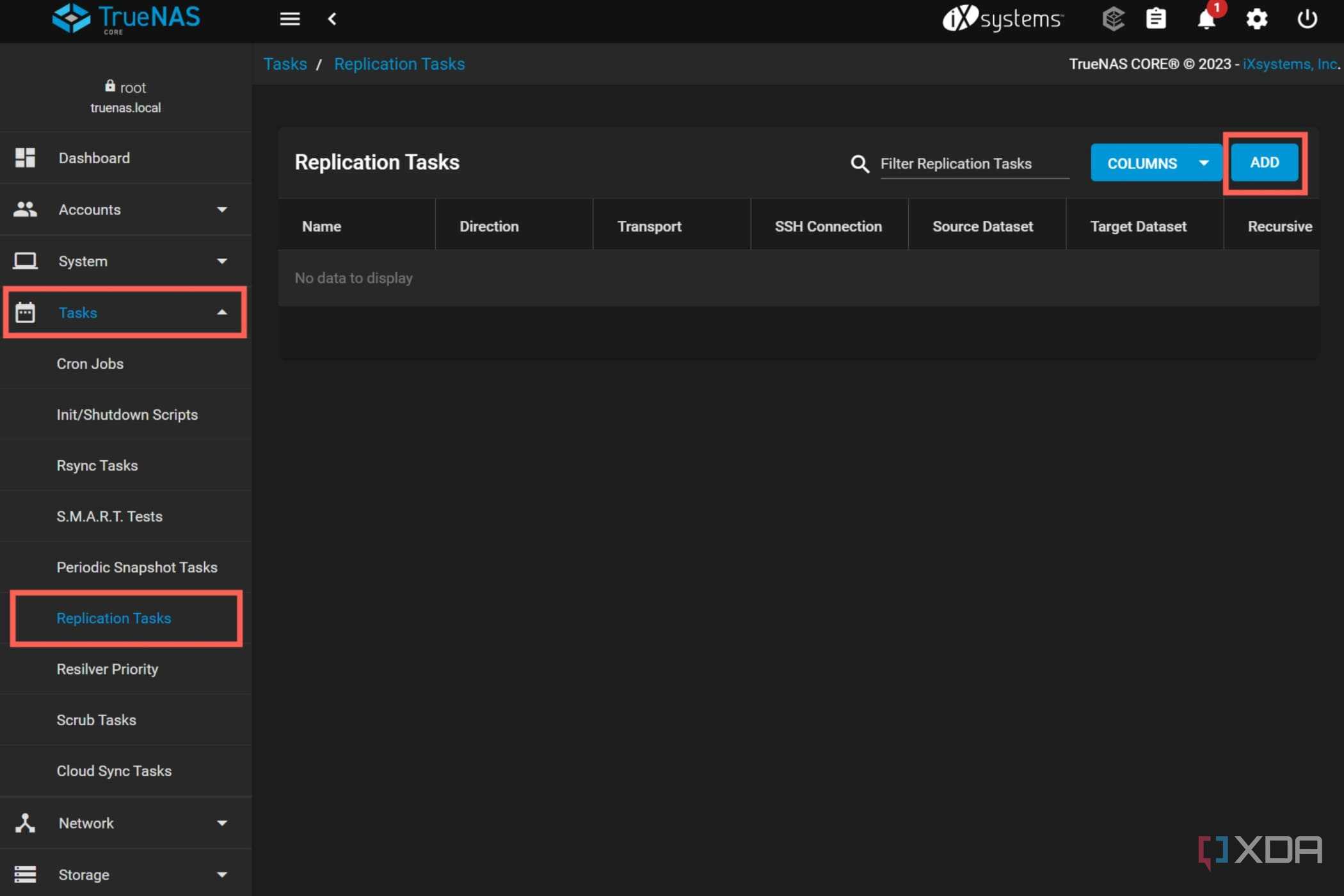 A screenshot of TrueNAS Core with the Replication Tasks highlighted