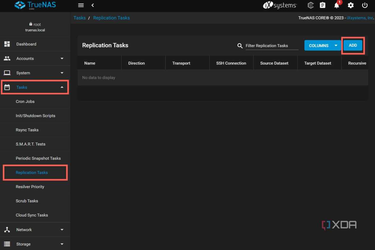 A screenshot of TrueNAS Core with the Replication Tasks highlighted