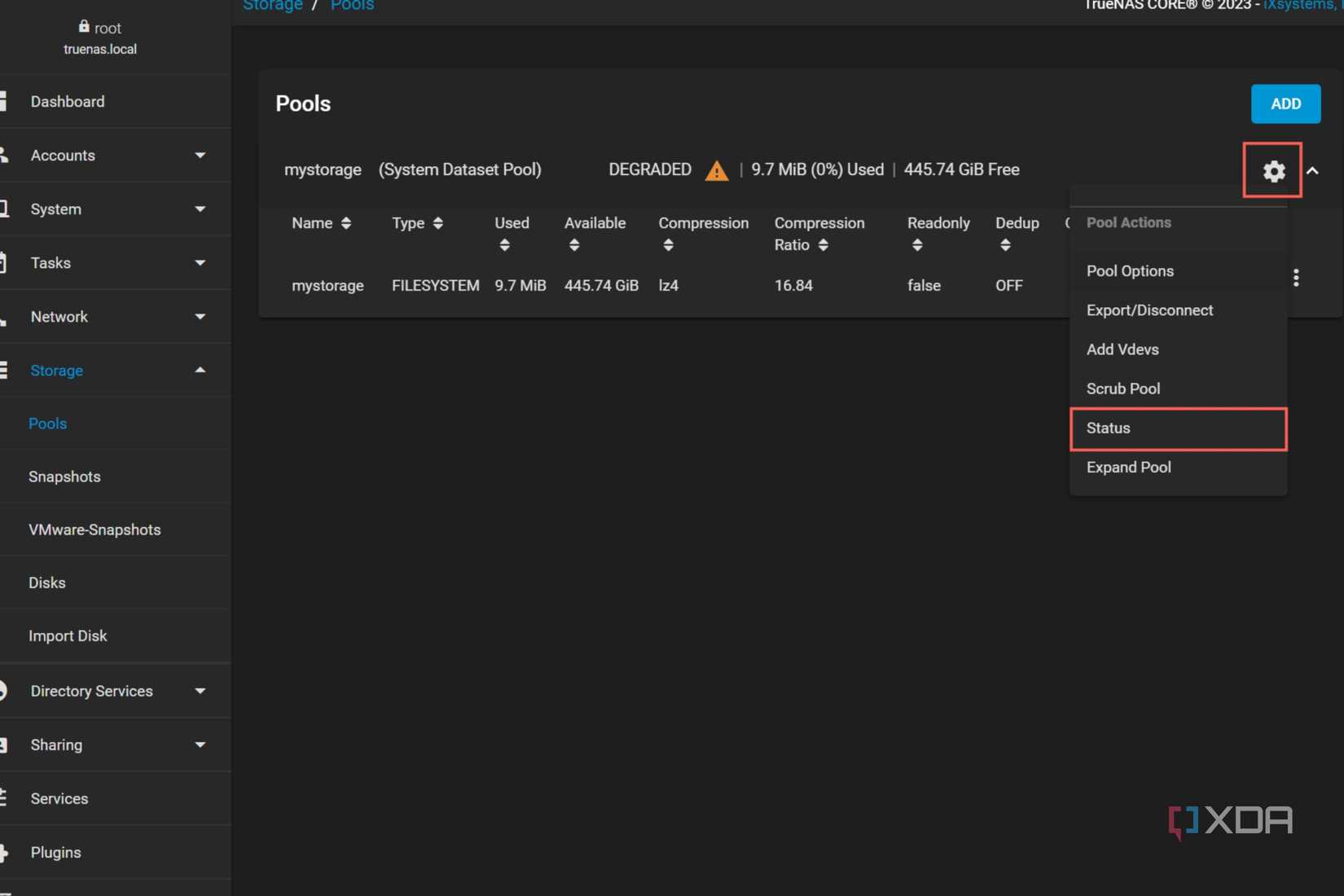 A screenshot of the TrueNAS Core interface with the Pools Status setting highlighted