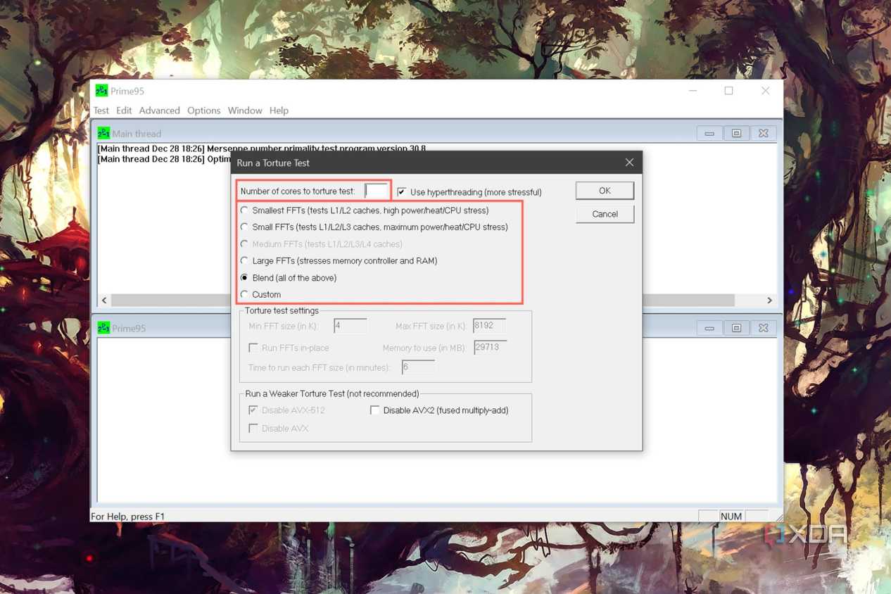 A screenshot of Prime95 with the workload type and number of CPU cores options highlighted