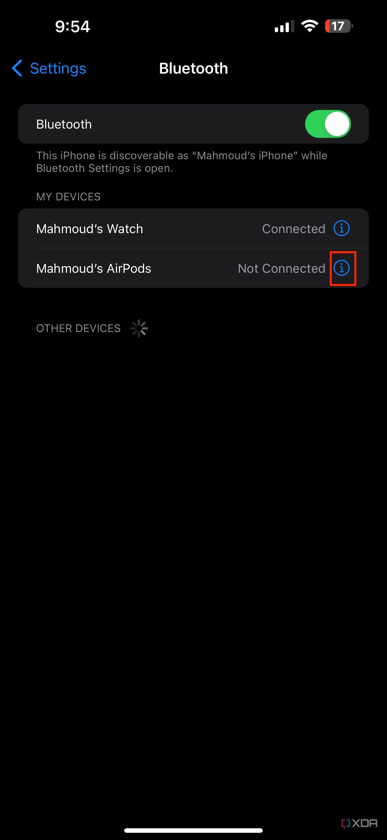 info button next to AirPods in bluetooth settings