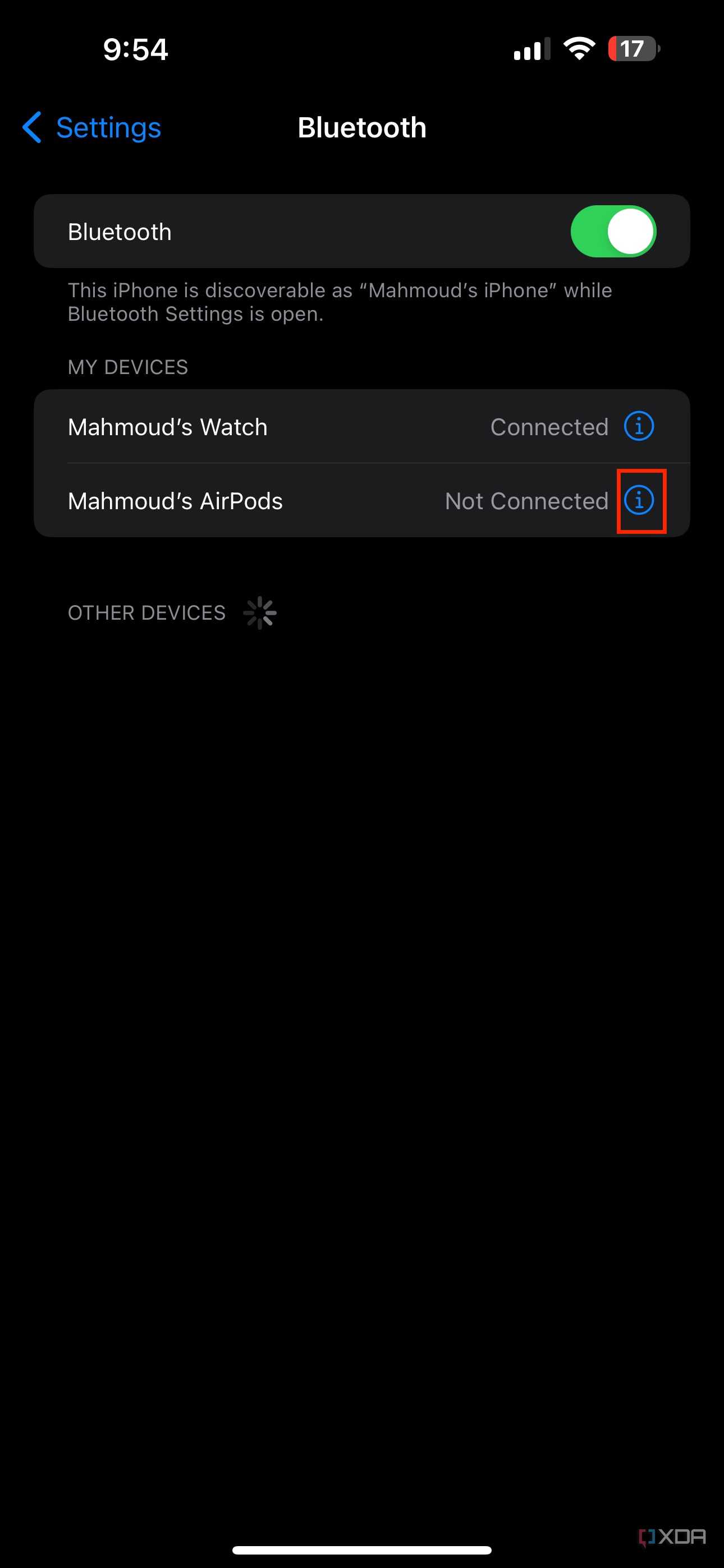 info button next to AirPods in bluetooth settings