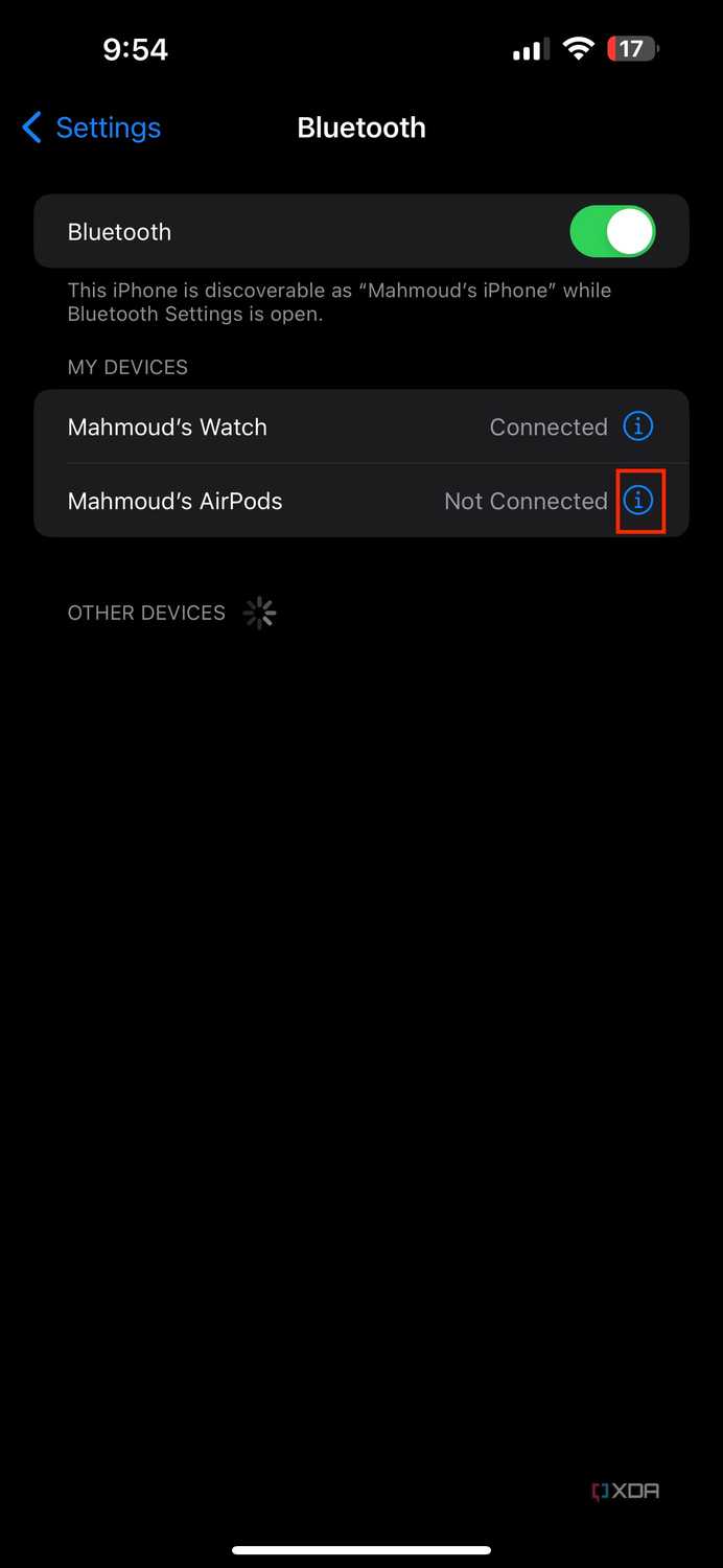 info button next to AirPods in bluetooth settings
