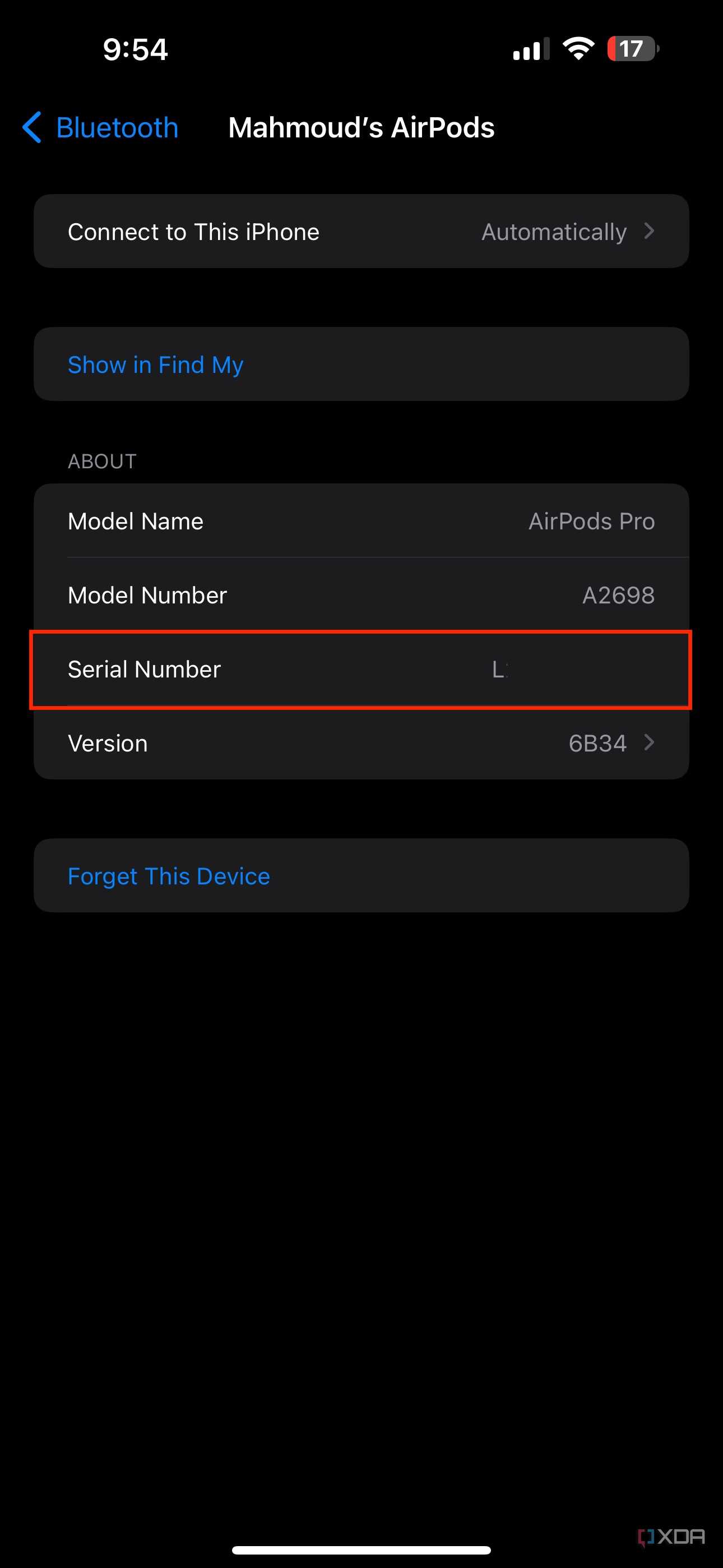 AirPods serial number in iPhone settings