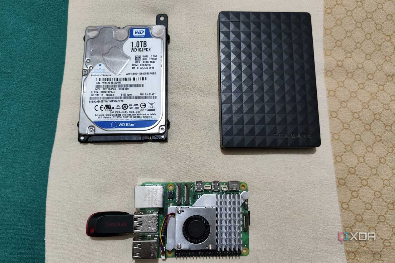 An internal HDD, external HDD, and Raspberry Pi 5 with a pen drive