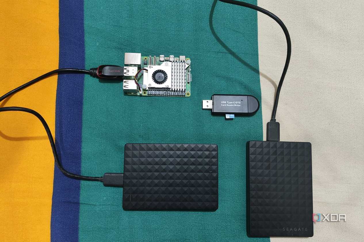 A Raspberry Pi with Seagate hard drives and other storage devices