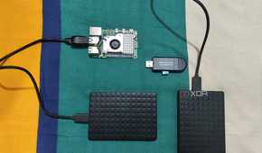 A Raspberry Pi with Seagate hard drives and other storage devices