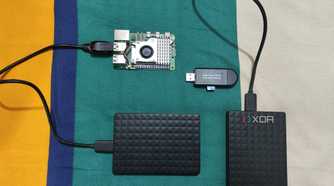 A Raspberry Pi with Seagate hard drives and other storage devices