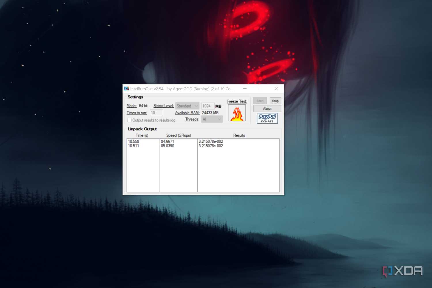 A screenshot of Intel Burn Test running on a system