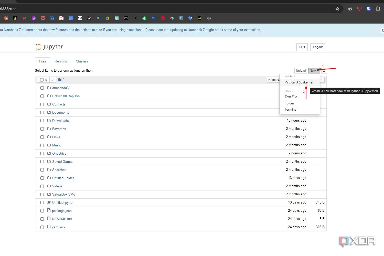 Windows 11 screenshot that highlights the New notebook dropdown menu and the Python 3 format in Jupyter Notebook.