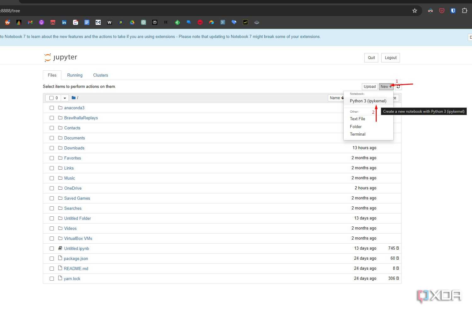 Windows 11 screenshot that highlights the New notebook dropdown menu and the Python 3 format in Jupyter Notebook.