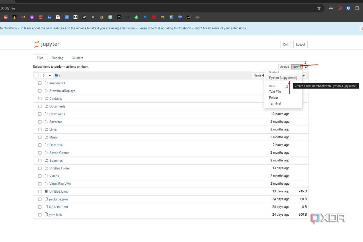 Windows 11 screenshot that highlights the New notebook dropdown menu and the Python 3 format in Jupyter Notebook.