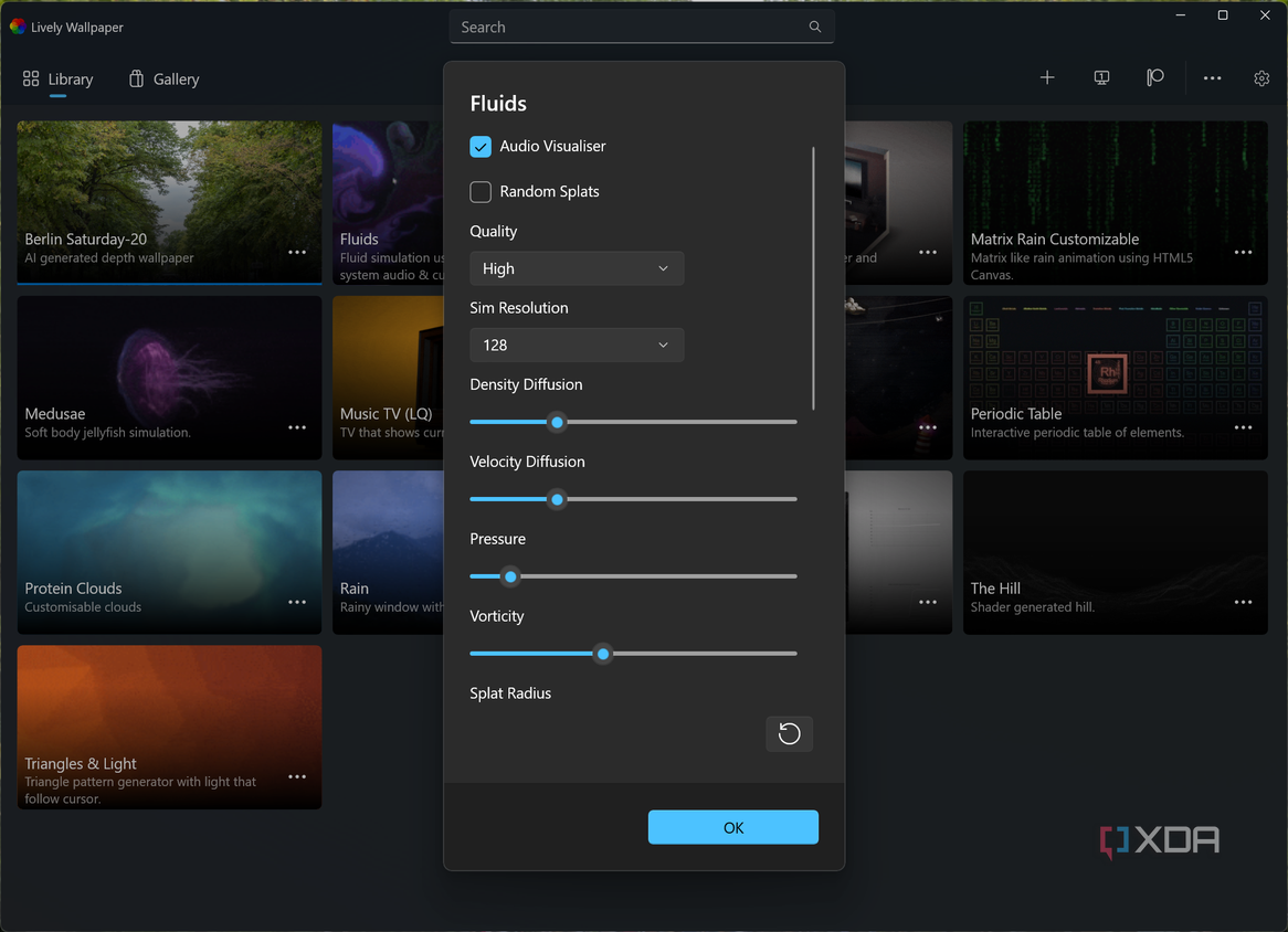 Screenshot of Lively Wallpaper customizing settings for the Fluids wallpaper