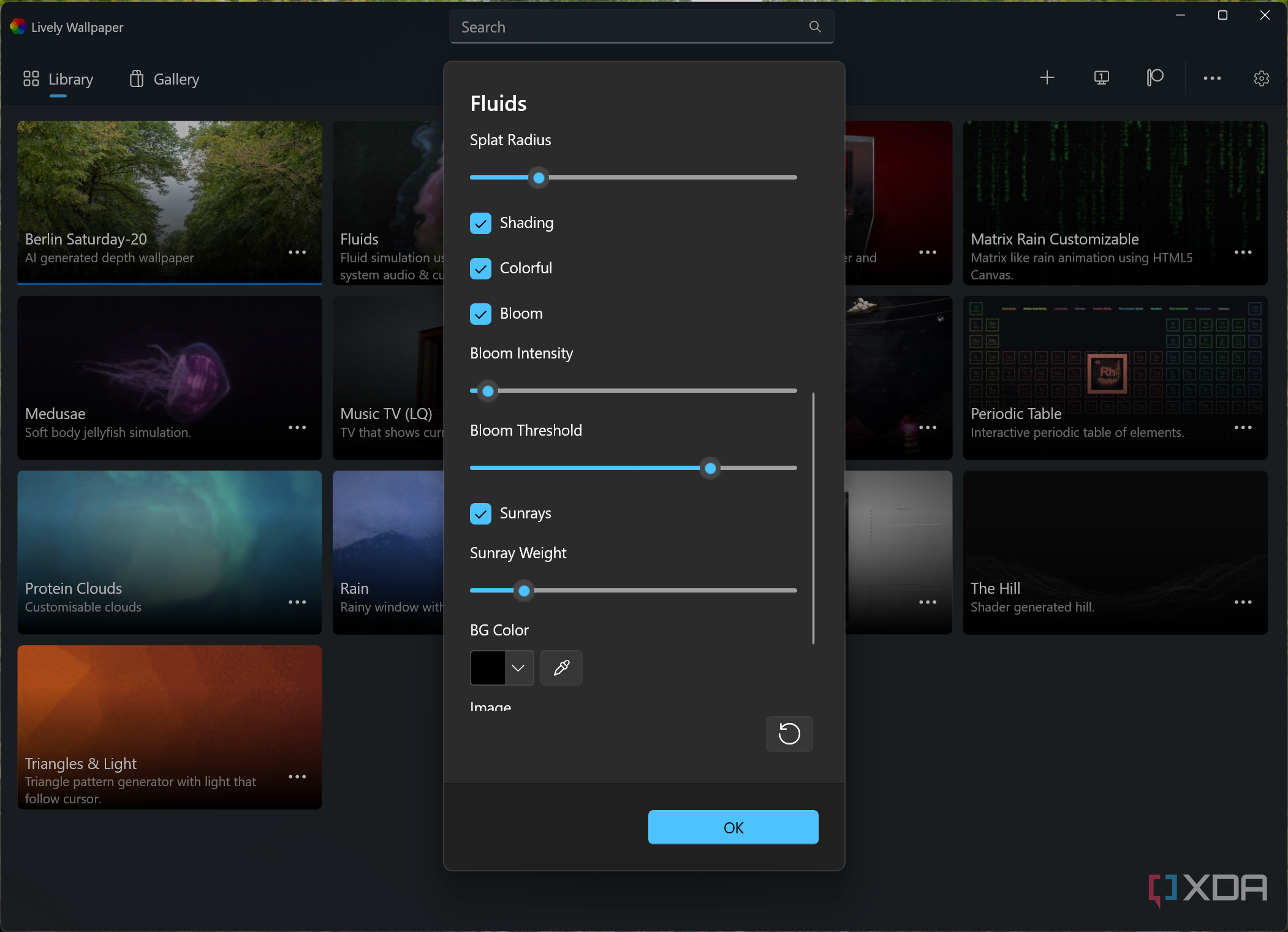 Screenshot of Lively Wallpaper customizing settings for the Fluids wallpaper