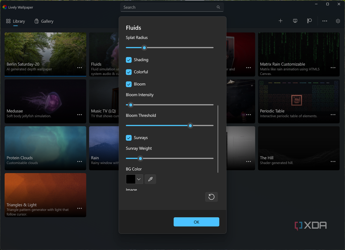 Screenshot of Lively Wallpaper customizing settings for the Fluids wallpaper