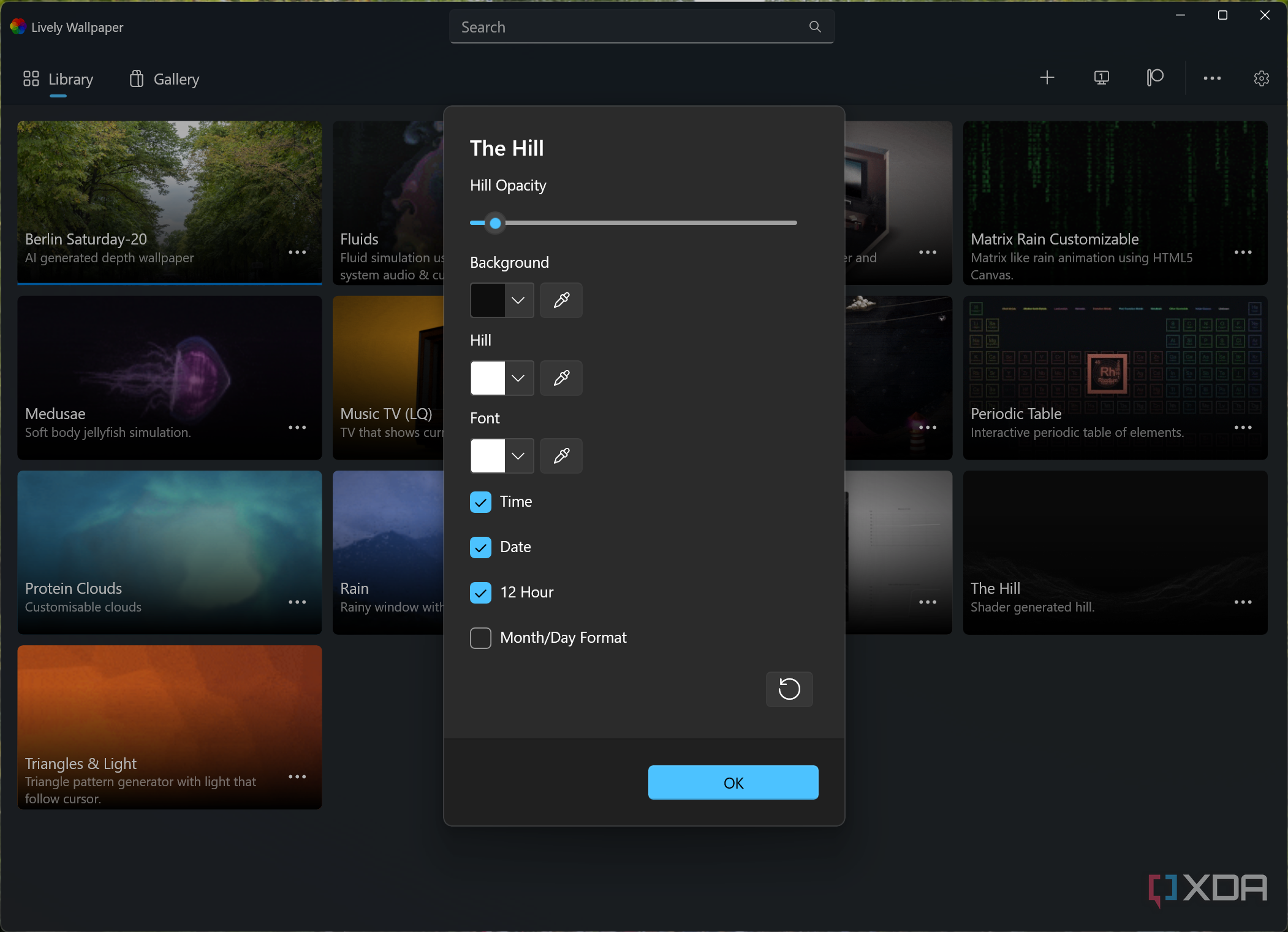 Screenshot of Lively Wallpaper customizing settings for the The Hill wallpaper