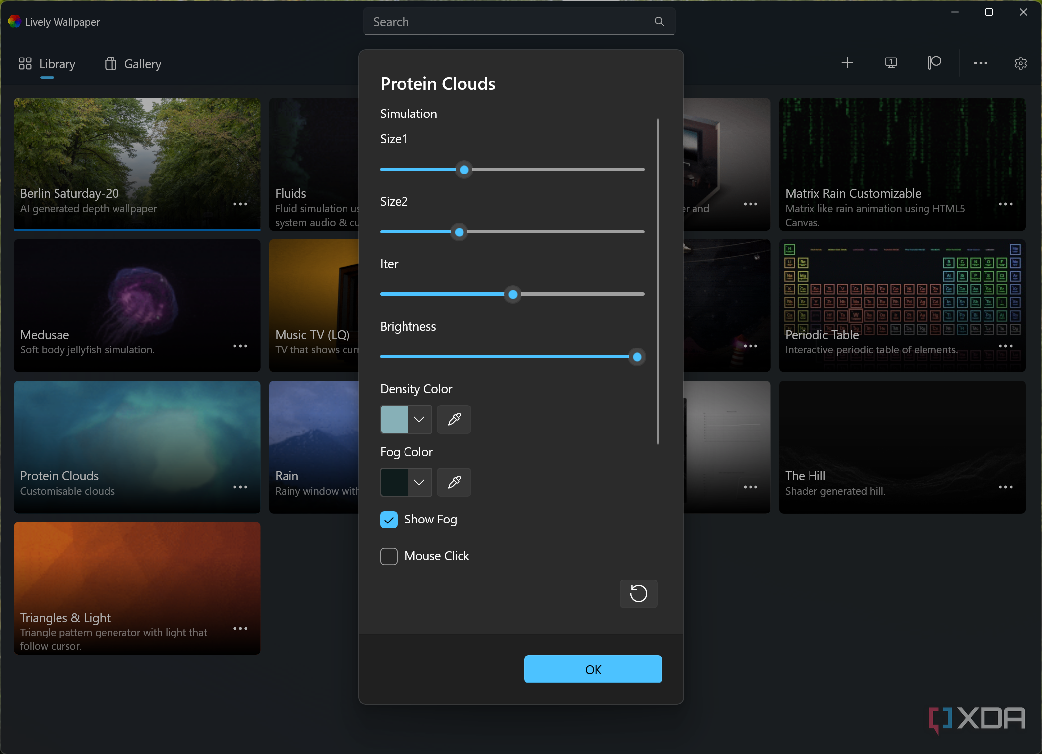 Screenshot of Lively Wallpaper customizing settings for the Protein Clouds wallpaper