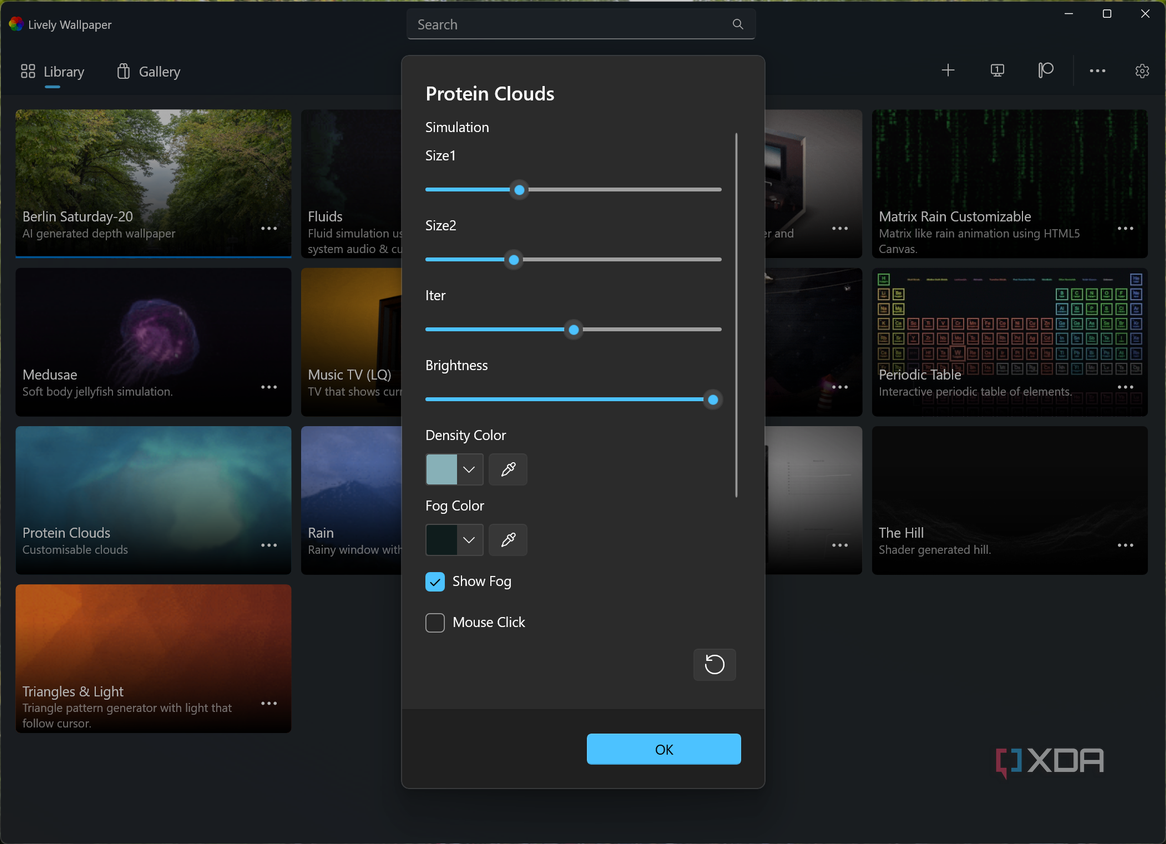 Screenshot of Lively Wallpaper customizing settings for the Protein Clouds wallpaper