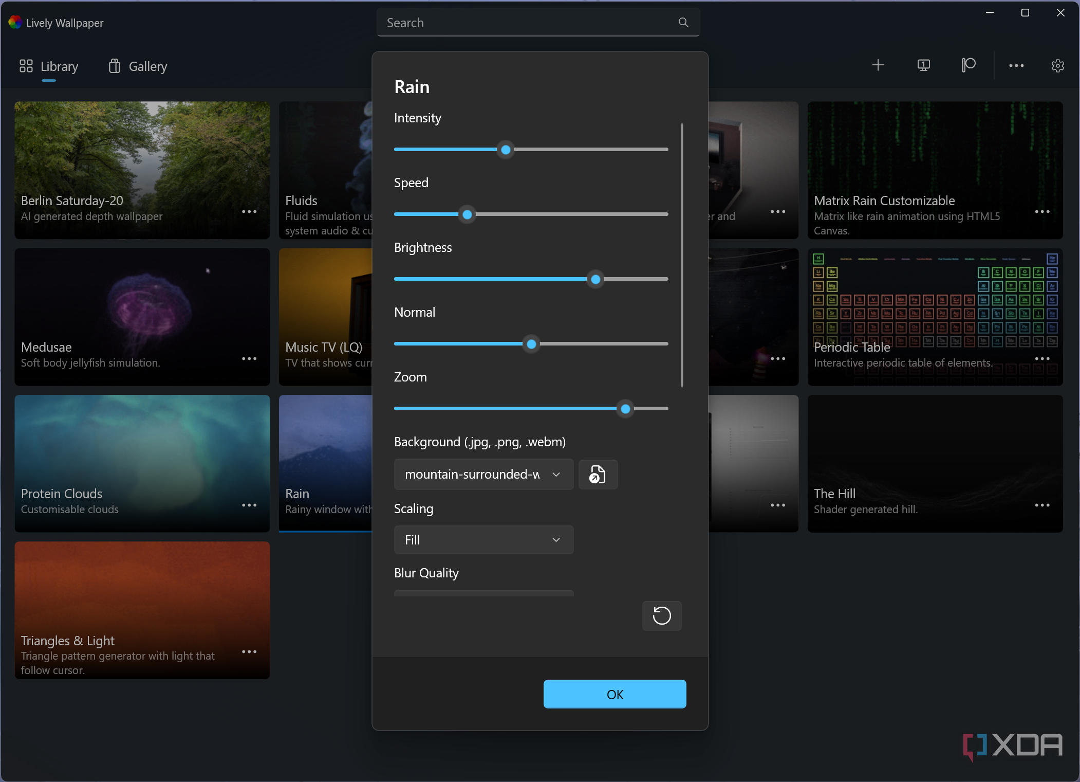 Screenshot of Lively Wallpaper customizing settings for the Rain wallpaper