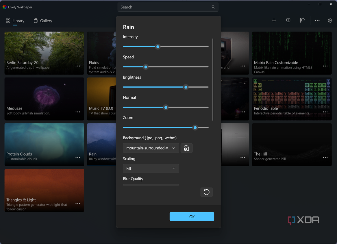 Screenshot of Lively Wallpaper customizing settings for the Rain wallpaper