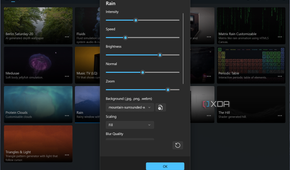 Screenshot of Lively Wallpaper customizing settings for the Rain wallpaper