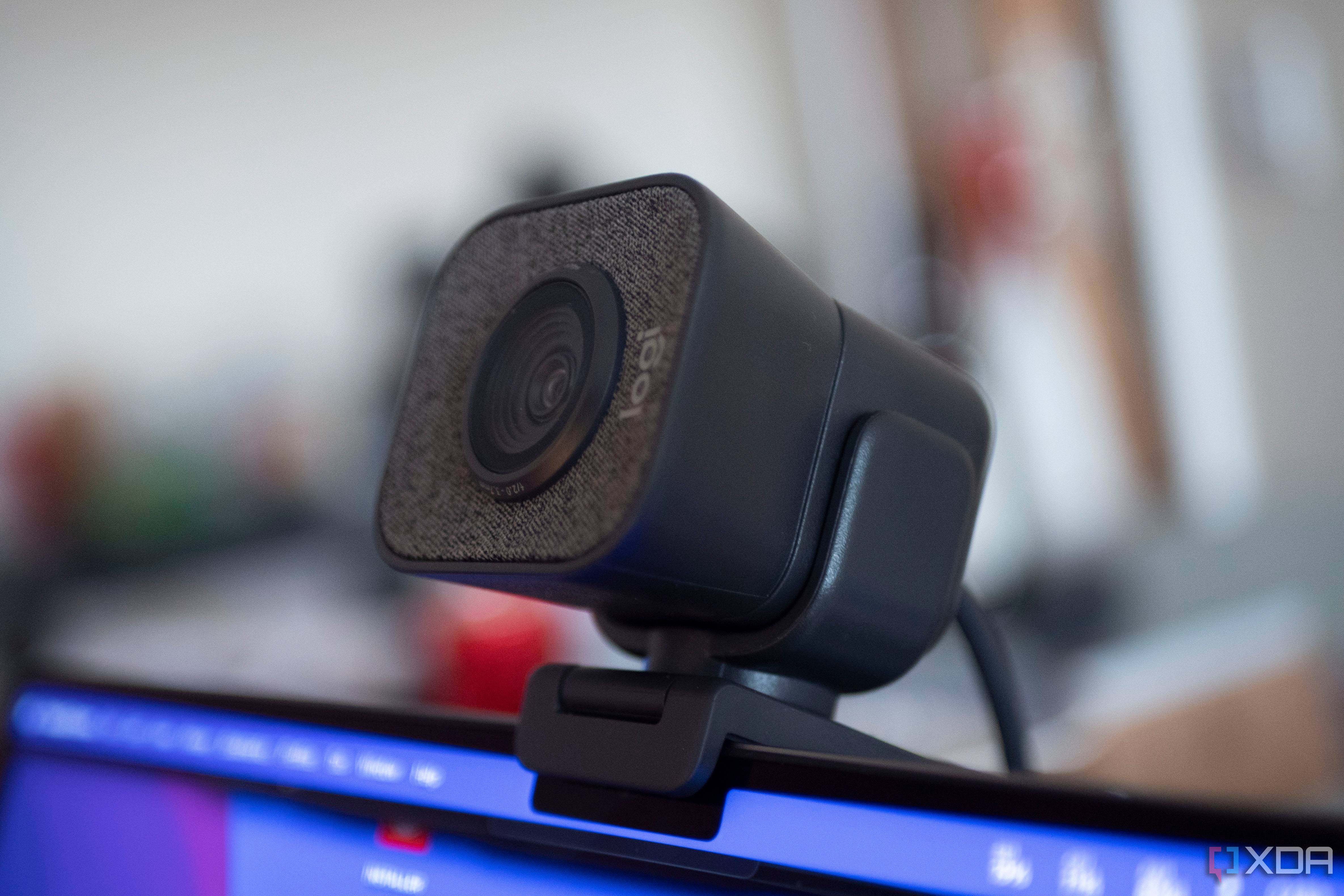 Logitech StreaCam on top of a laptop, sideways to the camera